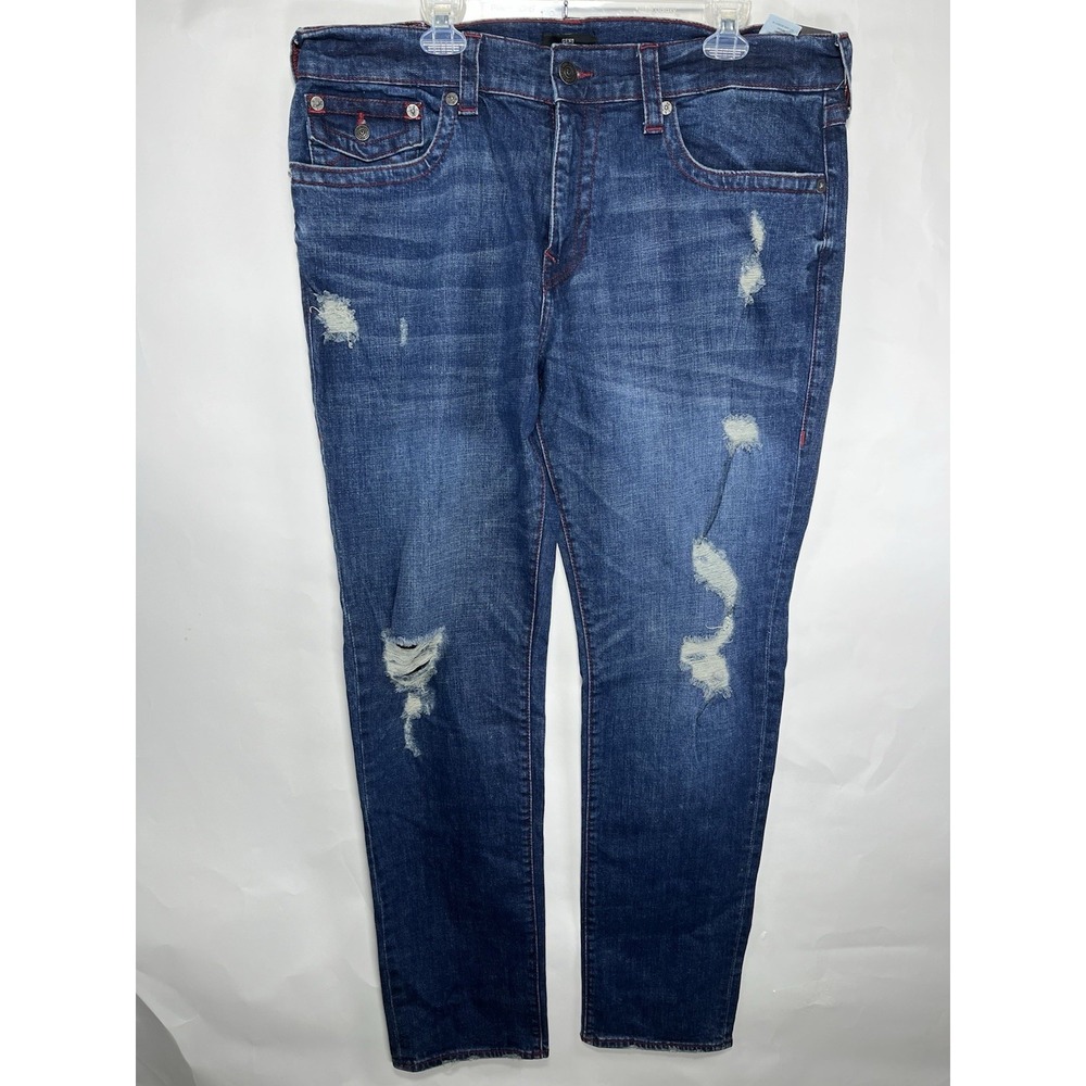 True Religion NWT Geno Relaxed Slim Jeans Men's 38 Distressed‎ Medium Wash Flap
